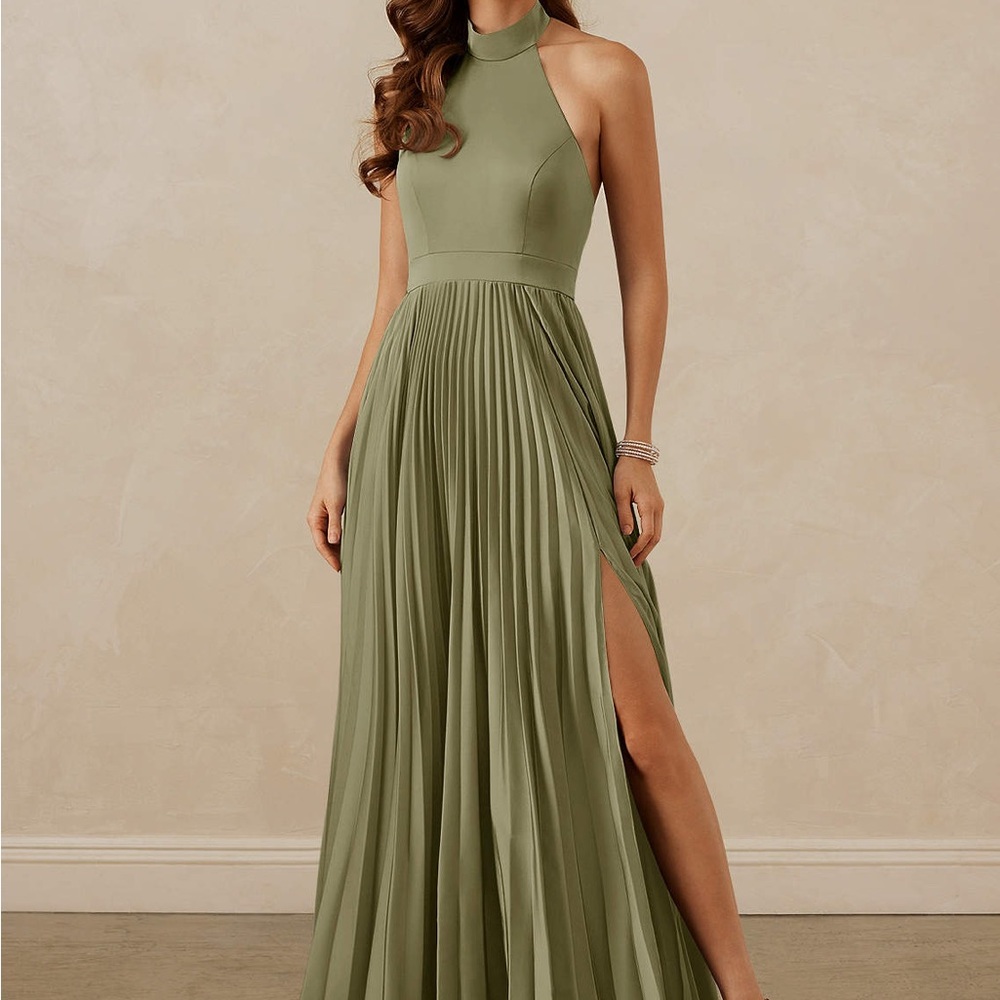 Christian Siriano Pistachio A-Line Pleated Stretch Satin Dress